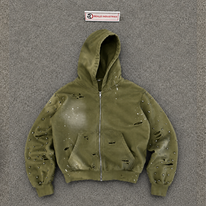 Sudadera con capucha oversize para hombre Olive Zip-Up, estilo streetwear, de algodón French Terry, con diseño de estampado roto y efecto spray, para otoño, uso diario. - Product Image 5