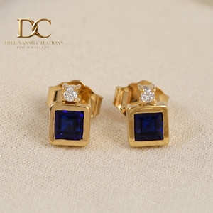 IGI Certified 9K Solid Gold Lab Grown Diamond and Royal <b>Blue</b> <b>Sapphire</b> Stud <b>Earring</b> Women Custom Wholesale Jewelry Manufacturer - Product Image 1