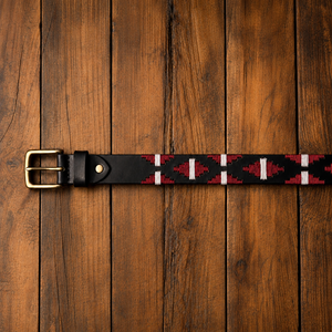 Cinturón de Cuero Étnico Bordado con Patrón Geométrico Rojo Blanco Negro Hebilla de Pin Casual Rectangular de Cobre Duradero - Product Image 5