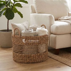 Simple Eco-Friendly Seagrass Storage Basket Oval Woven Organizer <b>Bin</b> with Handles for Home <b>Bedroom</b> Nursery Bathroom Storage - Product Image 3