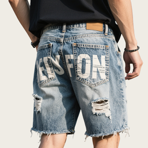 Nuevos Shorts de Mezclilla para Hombre, Corte Slim Fit, Elásticos, de Algodón, Azules, con Dobladillo Enrollado, Estilo Desgastado Personalizado, Shorts de Mezclilla de Verano - Product Image 2
