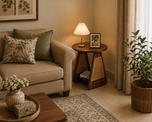 Round Wood Side <b>Table</b> Accent Ottoman Rattan Panel <b>Sofa</b> <b>End</b> <b>Table</b> Living Room - Product Image 3