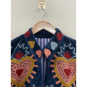 Hand Embroidered Velvet Knitted Cotton <b>Jacket</b> <b>Women</b> Mandarin Collar Full Sleeve Floral Pattern Open Front Prairie Winter/<b>Spring</b> - Product Image 3