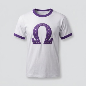 T-shirt blanc pour homme avec imprimé Omega Foil, manches courtes, col rond, coupe classique, décontracté, 100 % coton jersey, bordure contrastante - Product Image 1