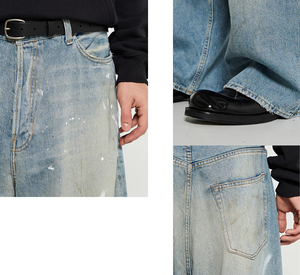 Jean en denim ample à jambe large pour homme, taille mi-haute, délavage effet neige, vintage, 100% coton, tissé uni, imperméable, coupe-vent, pantalon décontracté - Product Image 4
