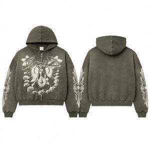 Sweat à capuche oversize pour homme en coton tricoté avec fermeture éclair, style streetwear, imprimé graphique, logo frontal, design vieilli, idéal pour l'automne - Product Image 1