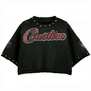 เสื้อครอปท็อปประดับเพชร ปักตัวอักษรตามสั่ง ทรงหลวมไหล่ตก สไตล์พังก์ คอกลม แฟชั่น เสื้อครอปท็อปสั่งทำได้ - Product Image 1