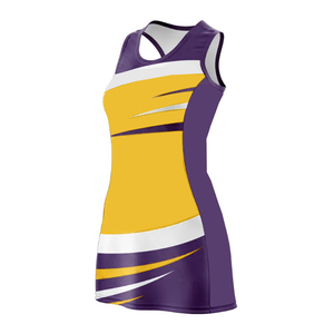 Ensemble de robe de tennis pour femmes, sans manches, col rond, couleurs contrastées violet jaune blanc, sublimé, séchage rapide, ajusté, en polyester - Product Image 6