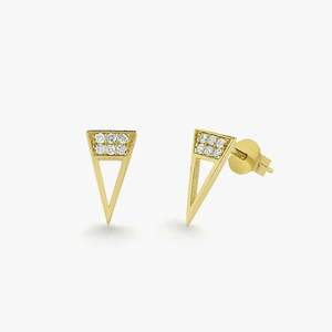 Boucles d'oreilles en or 14 carats avec diamants triangulaires, 0,14 carat au total, diamants naturels taille ronde, clarté SI, couleur FG, micro-pavé, clous allongés, bijoux - Product Image 1