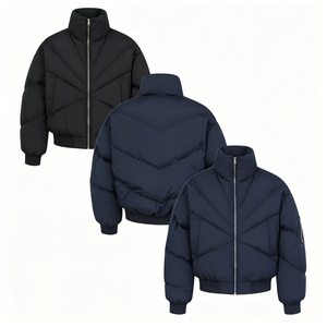 Chaqueta acolchada azul marino para hombre con cuello alto, gruesa, con cremallera y bolsillo en la manga para invierno - Product Image 2
