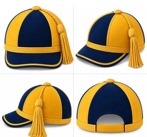 Casquette de sport cycliste personnalisable bicolore, style dernière génération, en velours bleu marine et jaune, avec passepoil tressé doré et pompon - Product Image 3