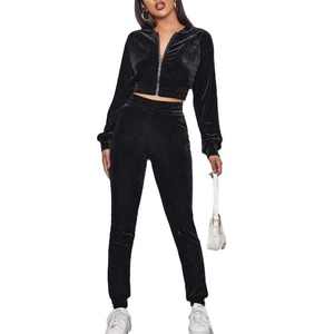 Vintage Street <b>Velvet</b> 2Pcs Set <b>Women</b> Tracksuit Sport Suit Fall Spring Casual Outfit Sexy Long Sleeve Crop <b>Top</b> Hoodie Pants - Product Image 2