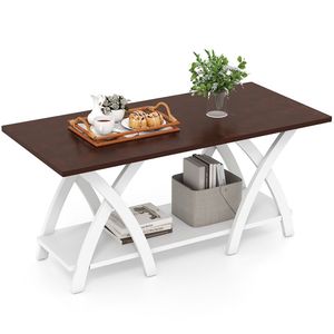 Tavolino da Caffè Rustico a 2 Ripiani in Legno Massello con Ripiano Portaoggetti, 40 Pollici, per Soggiorno - Product Image 5