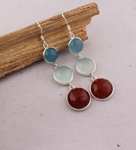 Natural Multi-Gemstone Drop <b>Earrings</b> 925 Sterling Silver Blue Chalcedony & <b>Red</b> Carnelian Tiered <b>Earrings</b> Handmade Wholesale - Product Image 2