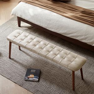 Cuscino in pelle bianco sporco con panca da pranzo in legno di quercia naturale per mobili da soggiorno - Product Image 3