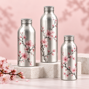 Brushed Aluminum Water <b>Bottle</b> with Green Leaf Design Screw Cap Reusable <b>Metal</b> Sports Flask - Product Image 3