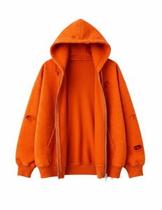 Sweat à capuche zippé pour homme, orange, effet vieilli, coupe oversize, style vintage, déchiré, en polaire, streetwear, avec poches - Product Image 3