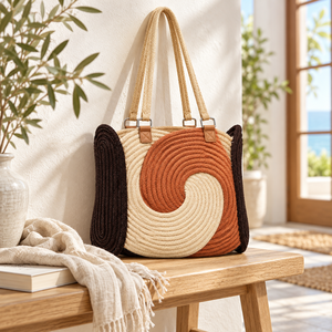 Sac fourre-tout décontracté en jute tressé spirale fait main personnalisable pour femme, noir, avec soufflet latéral, longue bandoulière et fermeture éclair 3L+ - Product Image 5