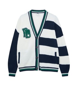 Cardigan rayé à col en V pour homme, manches longues, tricot acrylique avec logo brodé, idéal pour les écoles et les universités - Product Image 1