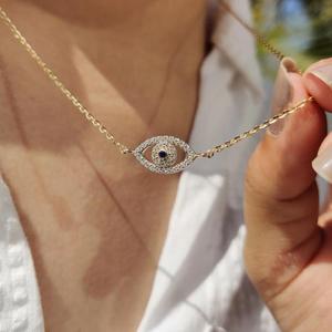 Colgante de Ojo Turco con Diamante de Corte Redondo, Collar de Oro Macizo con Forma de Ojo, Amuleto de Protección, Joyería Minimalista de la Suerte, Diamante Cultivado en Laboratorio - Product Image 4