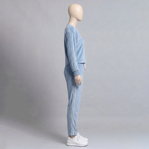 Women's 100% Cotton Velour Embroidered Skinny Fit Streetwear Tracksuit 2-Piece Long <b>Set</b> Zipper Hoodie Custom Design Wholesale - Product Image 4