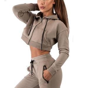 Sweat-shirt à capuche court décontracté uni pour femme King, en molleton, avec poches, manches longues, tricoté en polyester/coton, anti-boulochage, pour l'hiver - Product Image 6
