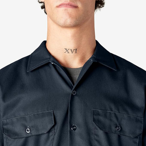 Ensemble de vêtements de travail pour homme, bleu marine, manches courtes, chemise boutonnée en coton et pantalon, couleur unie, décontracté, respirant, coupe classique, été - Product Image 4