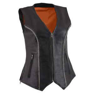 Chaleco de Motociclista Clásico de Cuero Negro para Mujer Samroz Sports con Cuello en V y Detalles de Pedrería - Product Image 1
