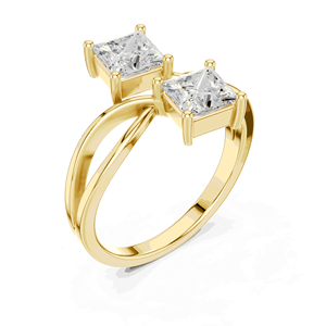Bague de fiançailles unisexe Toi et Moi en or massif 18 carats, couleur E, double taille princesse, à quatre griffes partagées, avec tige fendue croisée - Product Image 2