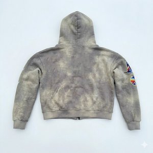 Conjunto de Sudadera con Capucha y Pantalones Cortos para Hombre, Diseño Gris con Parches, Estilo Urbano, Chándal Vintage Lavado, Ropa Deportiva para Exteriores, Venta al Por Mayor OEM - Product Image 3