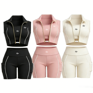 Ensemble de yoga 3 pièces pour femmes, veste sans manches à fermeture éclair et short, tenue de sport pour femmes, ensemble de survêtement 3 pièces pour femmes - Product Image 1