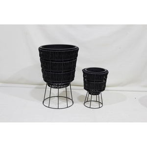 Black Woven <b>Plastic</b> Eco-Friendly <b>Planters</b> Set with Metal Stands Minimalist <b>Large</b> Flower Pots for Home Garden Hotel - Product Image 2