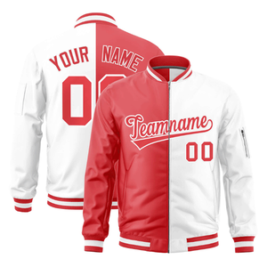 Chaqueta Varsity Personalizada para Hombre, Diseño Bicolor Rojo Claro y Blanco, Chaqueta Bomber con Cierre Completo y Letras Bordadas - Product Image 3