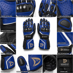 DRAVELLE INDUSTRY Racing Gloves Full Finger Leather Blue Black Adjustable Wrist <b>Strap</b> Hook And Loop Closure Outdoor Riding - Product Image 6