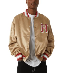 Gold Satin Varsity <b>Jacket</b> Men Preppy Style Embroidered Letter H Front Regular Fit Autumn Wear - Product Image 3