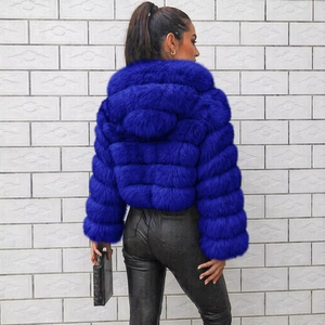 Chaqueta corta con capucha de piel sintética azul para mujer, con cremallera, cálida para invierno - Product Image 4