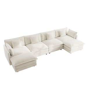 Divano Sezionale Modulare a U Grande Reversibile con Chaise Longue, Comodo Divano da Soggiorno in Ciniglia Bianca con Doppi Pouf Extra - Product Image 5