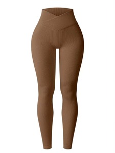 High Waist Ribbed Full Length Yoga <b>Leggings</b> Seamless Stretch Spandex/<b>Nylon</b> Lightweight Color Blocking Women's Fitness Pants - Product Image 3
