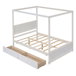 Lit à baldaquin en bois brossé blanc pleine grandeur avec deux tiroirs et sommier à lattes – Aucun sommier tapissier nécessaire - Product Image 3