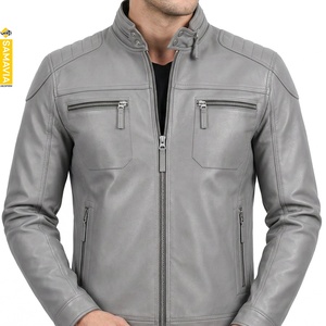 SAMAVIA <b>Men's</b> PU <b>Leather</b> Canvas Moto <b>Jacket</b> Stand Collar Zipper Closure Gray Slim Fit Biker Style Autumn Wear Quick Dry - Product Image 1