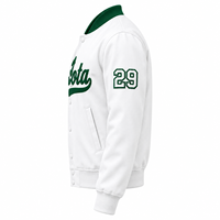 Jaket Varsity Satin Kontras Hijau Putih Wanita Iota Phi Lambda Sorority dengan Kancing Tekan di Depan, Kerah Rajut Rib, dan Manset Rajut untuk Pakaian Kampus.