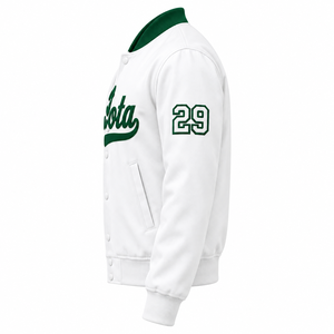 Veste universitaire en satin contrastant vert et blanc pour femmes de la sororité Iota Phi Lambda, avec boutons-pression sur le devant, col et poignets en tricot côtelé, style universitaire - Product Image 5