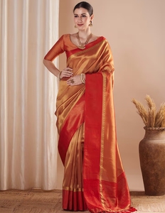 KV <b>Red</b> Woven Traditional Silk Reversible Designer Saree with Unstitched <b>Blouse</b> for Wedding Party & Diwali - Product Image 6