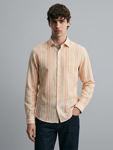 เสื้อเชิ้ตลำลองแขนยาวลายทางสำหรับผู้ชาย คอปกพับได้ ผ้าฝ้าย ระบายอากาศได้ดี สไตล์ฤดูร้อน - Product Image 1