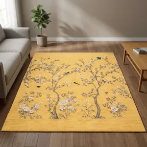 Tapis d'appoint abstrait tufté à la main, motif oiseaux jaunes et fleurs, style Japandi, rectangulaire, en laine lavable, à poils moyens et fins, pour salon - Product Image 6