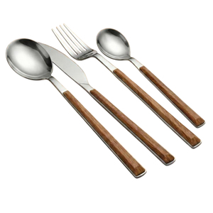 Juego de cubiertos modernos de acero inoxidable al por mayor con mangos de madera para restaurante y hogar: tenedor, cuchara, cuchillo y palillos - Product Image 4