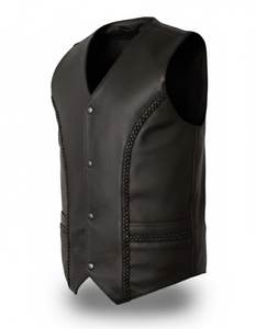 FAZMAX CORPORATION <b>Men's</b> <b>Black</b> Genuine Leather V-neck Moto <b>Vest</b> Winter Solid Color Quick Dry Breathable Regular Length Outerwear - Product Image 4