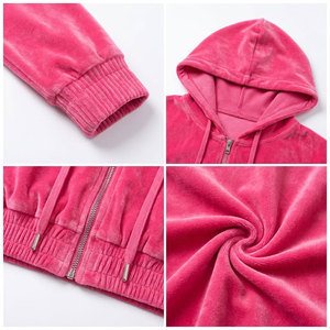Ensemble de survêtement rose en velours à capuche pour femme, manches longues, fermeture éclair, taille élastique, coupe ample, tenue décontractée pour l'automne - Product Image 6