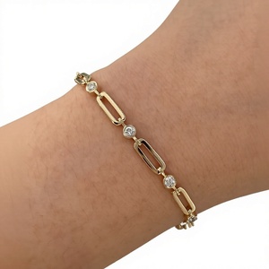 Hot 10K 14K 18K Yellow Gold Bezel <b>Set</b> Lab Grown Diamond Paperclip Link Bracelet Delicate Everyday Fine Jewelry Gift Wedding - Product Image 1