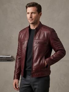 Mens Burgundy Genuine Lambskin Leather Biker <b>Jacket</b> Slim Fit Wine <b>Red</b> <b>Jacket</b> with Zipper Pockets - Product Image 1